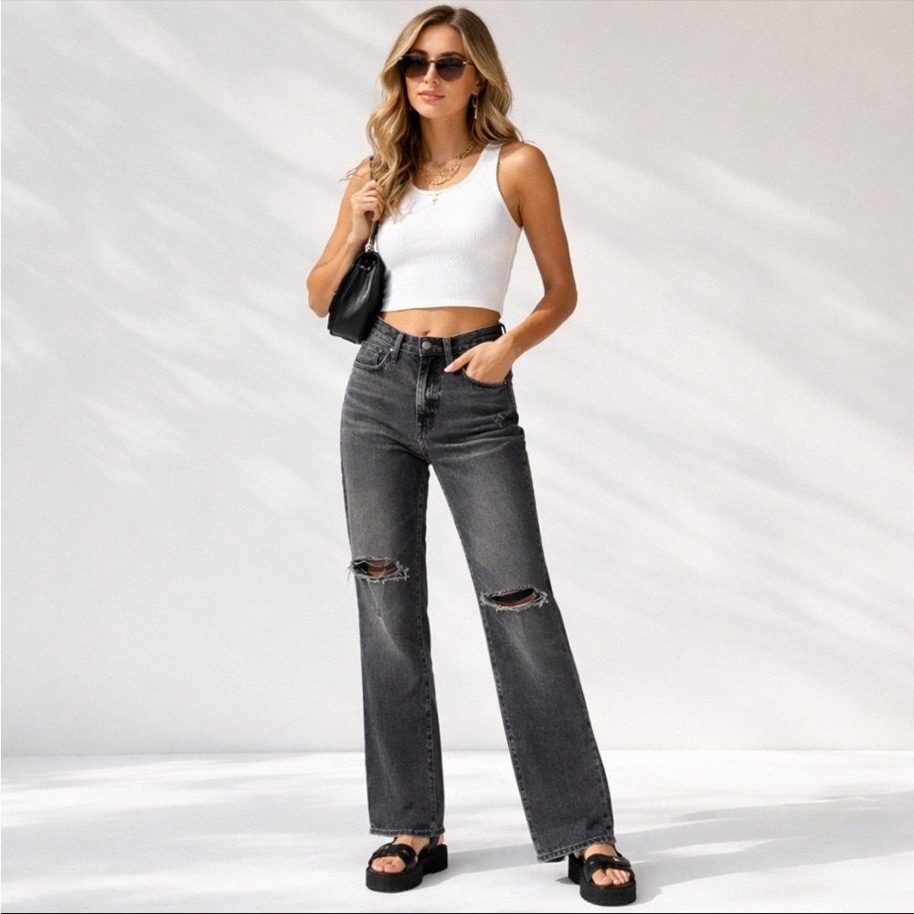 NWT Madewell Baggy Straight Jeans Black Wash Size 24 Distressed High Rise
